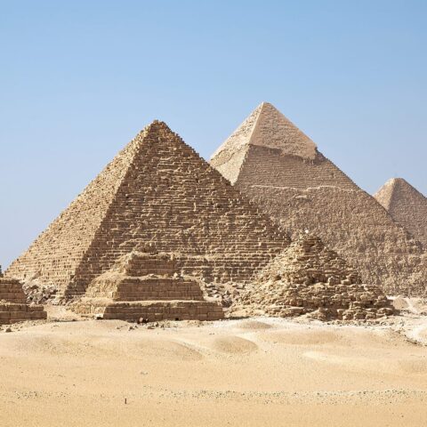 The three main pyramids at Giza, Egypt, together with subsidiary pyramids and the remains of other structures at the Giza pyramid complex