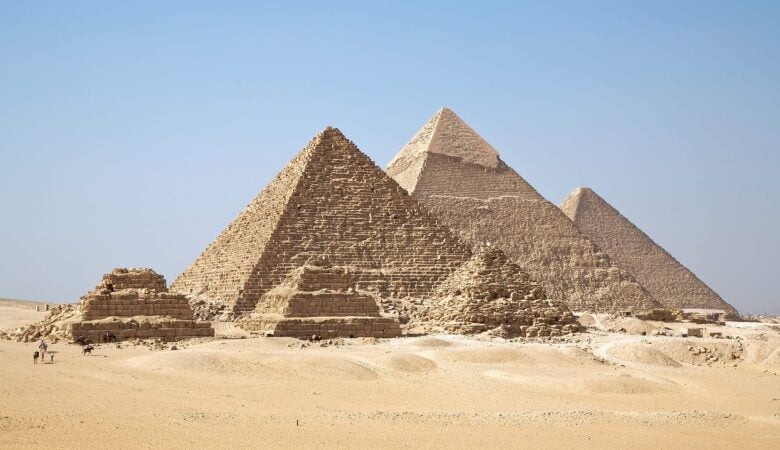 The three main pyramids at Giza, Egypt, together with subsidiary pyramids and the remains of other structures at the Giza pyramid complex