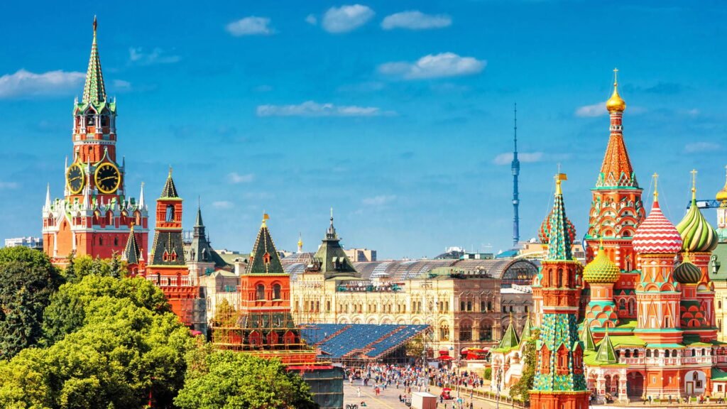A picture of the view in Red Square in Moscow, taken by the U.S. Department of State // Actually, only a small portion of the square can be seen (the blue stands in the center). Most of the square is obstructed by the Kremlin wall on the left