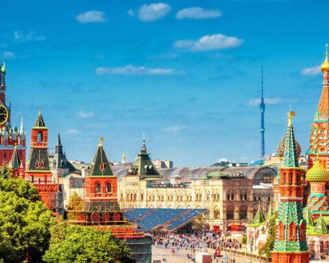 A picture of the view in Red Square in Moscow, taken by the U.S. Department of State // Actually, only a small portion of the square can be seen (the blue stands in the center). Most of the square is obstructed by the Kremlin wall on the left