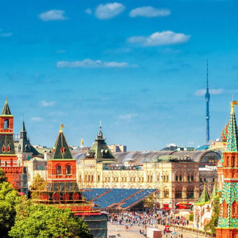 A picture of the view in Red Square in Moscow, taken by the U.S. Department of State // Actually, only a small portion of the square can be seen (the blue stands in the center). Most of the square is obstructed by the Kremlin wall on the left