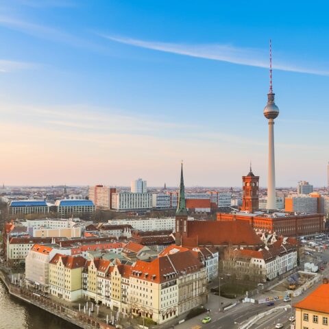 view of central Berlin, looking towards Alexanderplatz and the TV Tower