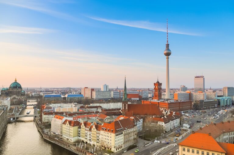 view of central Berlin, looking towards Alexanderplatz and the TV Tower