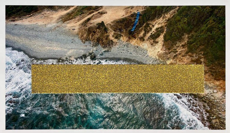 Ahmet Civelek, Untitled (Blue Sandpaper on Cliff with Yellow Strip of Sandpaper), 2022, 43 x 56 cm, digital c-print with sandpaper, 43 x 56 cm, hand-finished edition of 30 + 5 AP