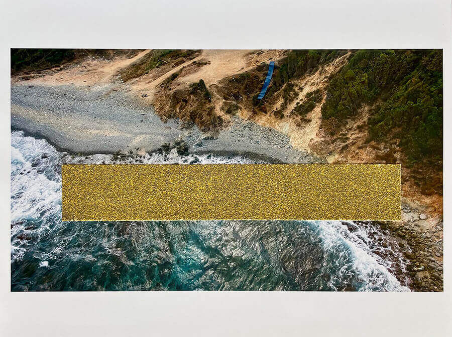 Ahmet Civelek, Untitled (Blue Sandpaper on Cliff with Yellow Strip of Sandpaper), 2022, 43 x 56 cm, digital c-print with sandpaper, 43 x 56 cm, hand-finished edition of 30 + 5 AP