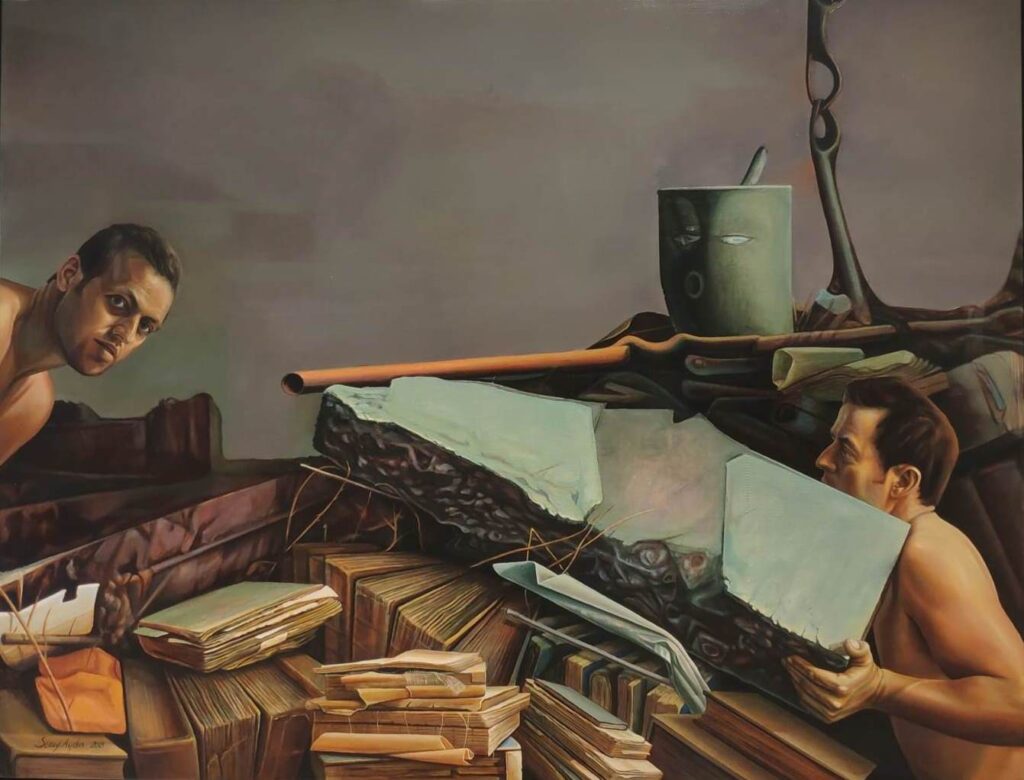Sezayi Aydın Yıkıntı ve İki Adam, Tuval üzerine Yağlı Boya, 100 x 130 cm, 2018