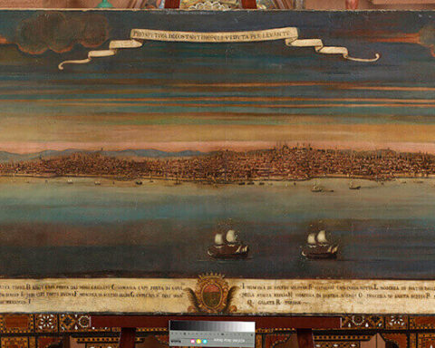 Prospetiva di Constantinopoli per Tramontana parte del Veduta per Levante (Üsküdar’dan İstanbul’un panoramik görünümü). Anonim, 18. yüzyılın ikinci yarısı. Tuval üzerine yağlı boya, 85 x 184 cm. Suna ve İnan Kıraç Koleksiyonu