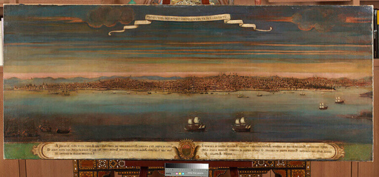 Prospetiva di Constantinopoli per Tramontana parte del Veduta per Levante (Üsküdar’dan İstanbul’un panoramik görünümü). Anonim, 18. yüzyılın ikinci yarısı. Tuval üzerine yağlı boya, 85 x 184 cm. Suna ve İnan Kıraç Koleksiyonu
