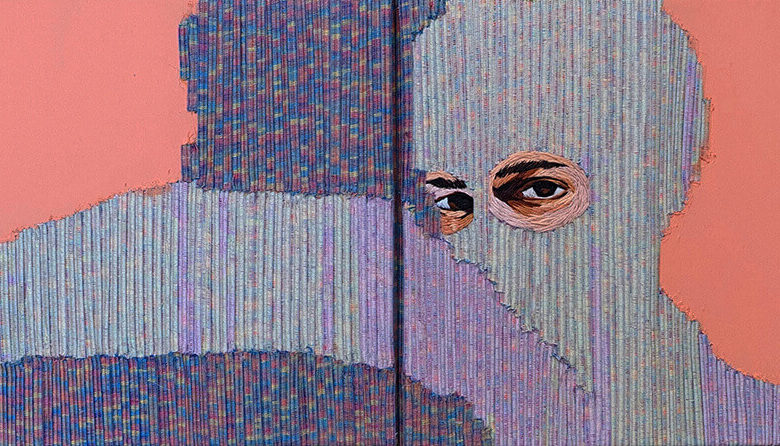 Melike Kuş, Dead Eyes Series, “Don`T Look At Me”, 2023, tuval üzerine karışık teknik (nakış işleme, el örgü ipi, akrilik boya), 30x60 cm, Dublin Irlanda