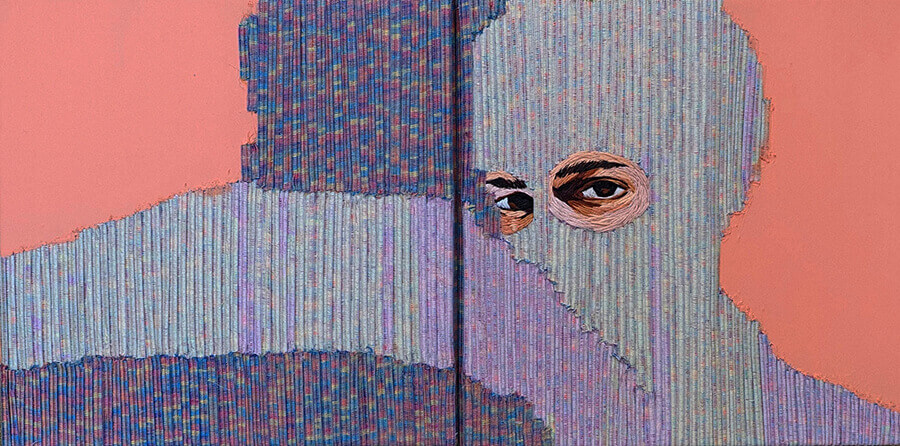 Melike Kuş, Dead Eyes Series, “Don`T Look At Me”, 2023, tuval üzerine karışık teknik (nakış işleme, el örgü ipi, akrilik boya), 30x60 cm, Dublin Irlanda