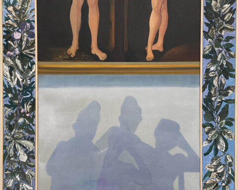 Begüm Mütevellioğlu 'Adem ve Havva', 2023 tuval ve kağıt üzerine yağlı boya, 67 x 74 cm (çerçeveli)
