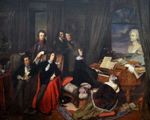 Franz Liszt Fantasizing at the Piano (1840), by Danhauser. The imagined gathering shows seated Alexandre Dumas, George Sand, Liszt, and Marie d'Agoult; standing Victor Hugo, Niccolò Paganini, and Gioachino Rossini; with a bust of Beethoven looking on.