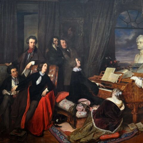 Franz Liszt Fantasizing at the Piano (1840), by Danhauser. The imagined gathering shows seated Alexandre Dumas, George Sand, Liszt, and Marie d'Agoult; standing Victor Hugo, Niccolò Paganini, and Gioachino Rossini; with a bust of Beethoven looking on.