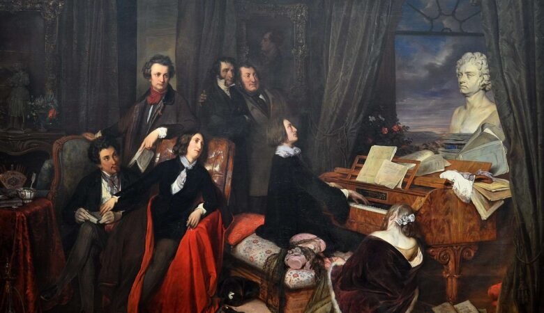 Franz Liszt Fantasizing at the Piano (1840), by Danhauser. The imagined gathering shows seated Alexandre Dumas, George Sand, Liszt, and Marie d'Agoult; standing Victor Hugo, Niccolò Paganini, and Gioachino Rossini; with a bust of Beethoven looking on.
