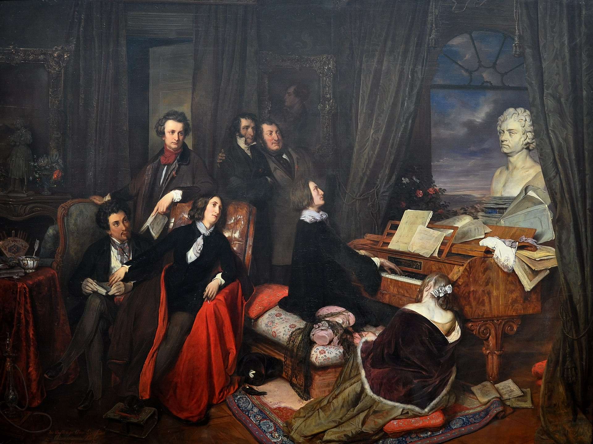 Franz Liszt Fantasizing at the Piano (1840), by Danhauser. The imagined gathering shows seated Alexandre Dumas, George Sand, Liszt, and Marie d'Agoult; standing Victor Hugo, Niccolò Paganini, and Gioachino Rossini; with a bust of Beethoven looking on.