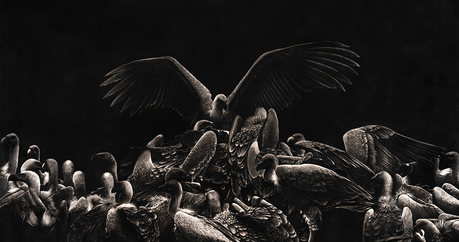 Gizem Akkoyunoğlu, Witch - Kings of The Carrion Sky, 2023, Kağıt üzerine fuzen / Charcoal on paper, 108 cm x 201,5 cm