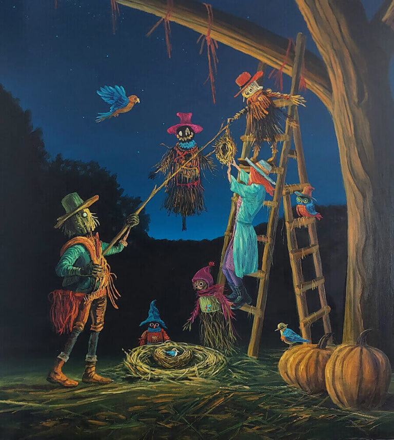 Merih Yıldız, Kuş yuvasının ağaca çıkarılışı, tuval üzerine yağlıboya, 130x120cm, 2023