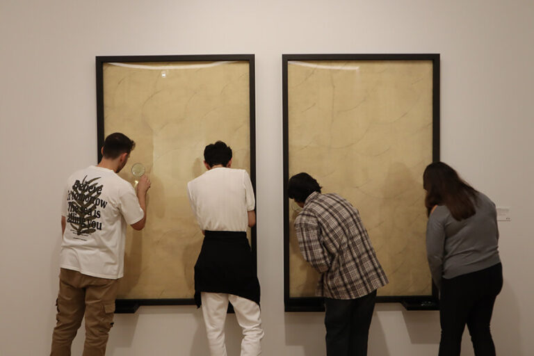 Hema Upadhyay, Güzellik ve Çöküş, 2013 Uzun taneli pirinç, mürekkep, Arches kâğıdı, yapıştırıcı, ahşap raf, büyüteç 2 adet; her biri 186,5 × 117,5 cm (çerçeveli) Arter’deki sergiden yerleştirme görüntüsü: Kendi Gölgesinde, 2023 Fotoğraf: İrem Sarıkaya