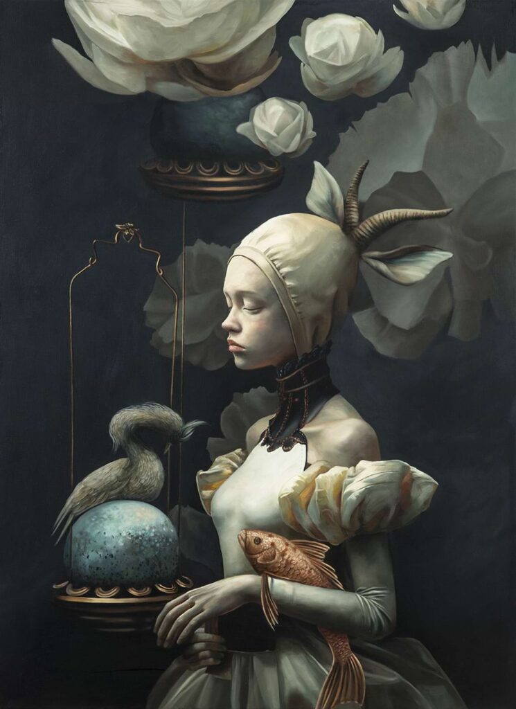 Gülin Hayat Topdemir, When The Moon Judges You For Holding A Golden Fish.Tuval Üzerine Yağlı Boya.110 x 80 cm.2024.