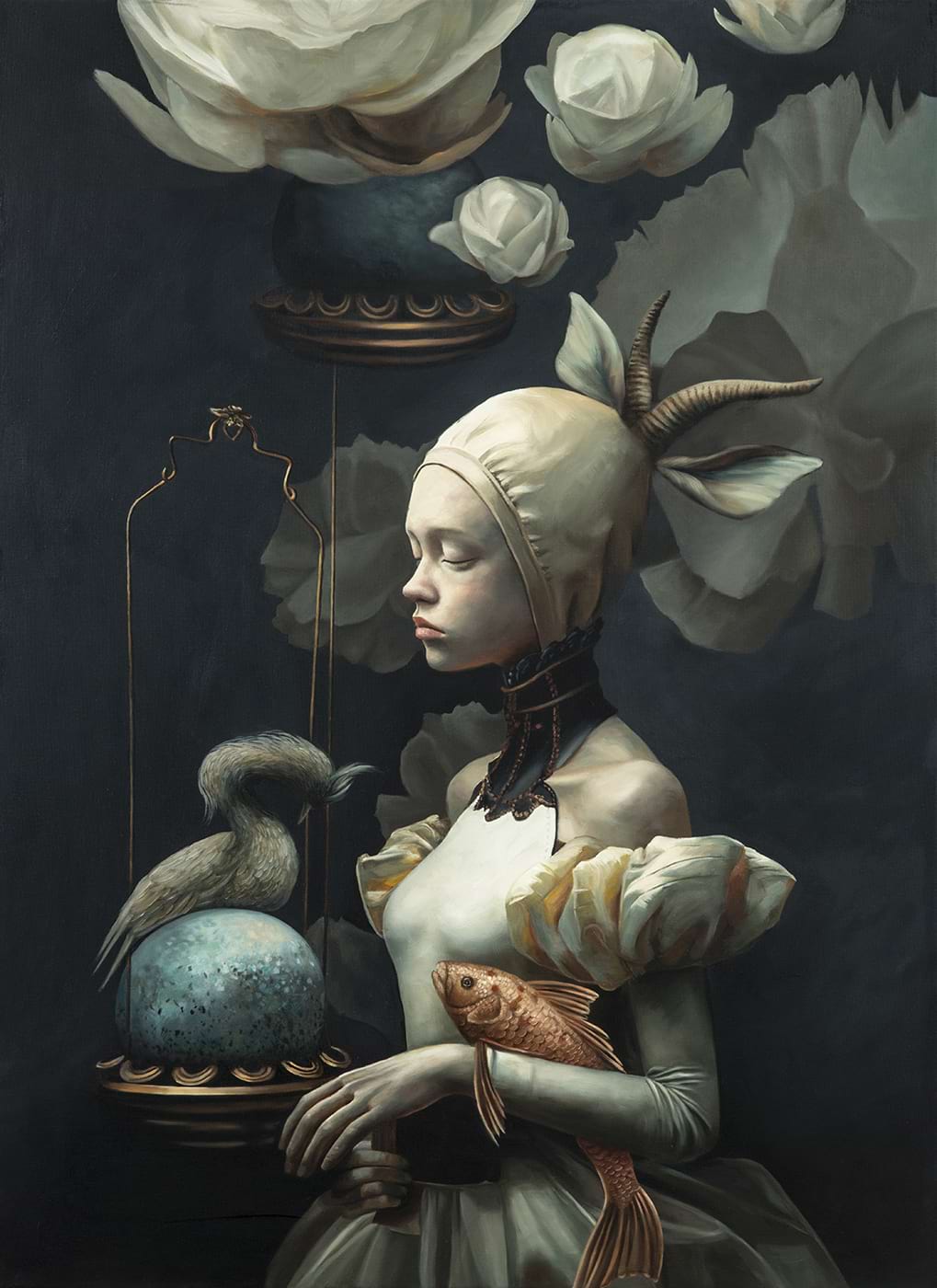 Gülin Hayat Topdemir, When The Moon Judges You For Holding A Golden Fish.Tuval Üzerine Yağlı Boya.110 x 80 cm.2024.