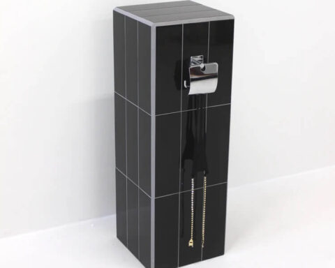 Ece Bayram, ‘30’, 2022, Ceramic tiles, wood panel, grout, tile adhesive, chrome toilet paper holder crystal-embellished thong with a broken clasp, 90 x 30 x 30 cm