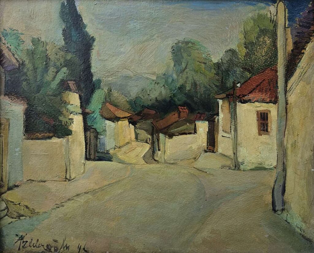 36x45 cm Denizlide Bir Sokak Duralit üzeri yağlı boya, Abidin Elderoğlu