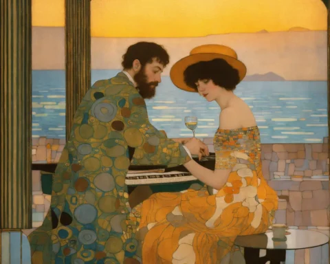 An offbeat musician sitting in a cozy seaside bistro with hazy dawn illumination, by Gustav Klimt art, deco art nouveau style, stunning intricate details.