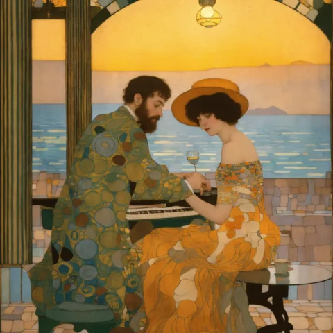 An offbeat musician sitting in a cozy seaside bistro with hazy dawn illumination, by Gustav Klimt art, deco art nouveau style, stunning intricate details.