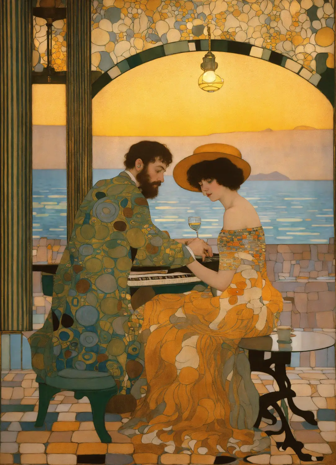 An offbeat musician sitting in a cozy seaside bistro with hazy dawn illumination, by Gustav Klimt art, deco art nouveau style, stunning intricate details.