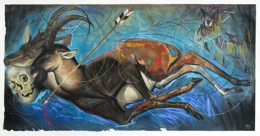 Burak DAK, Çift Başlı Ibex, Kâğıt üzerine sulu boya, toz pastel, kuru boya, kurşun kalem, çerçevesiz ölçü 80 x 150 cm, 2025 