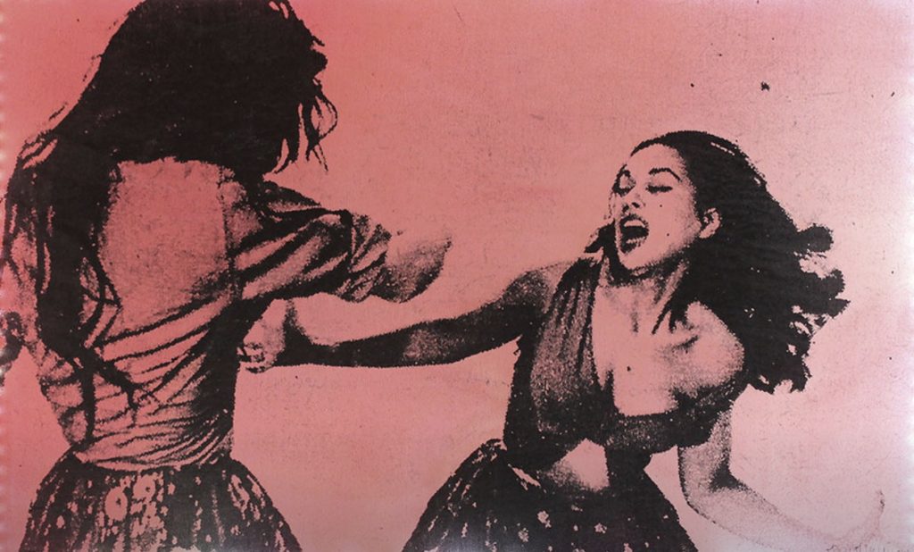 Mathilde Melek An, ''Two Beauty Queens fought'', 2014, black monotypes and red paint on silk, 60x80 cm, Photographic archives, HAYAT magazine, n°24, June 6th 1963