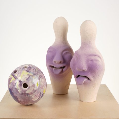 Maral Taşkırıcı, Playing The Long Game, 2024, Underglaze painted stoneware -pins- and glazed ceramic -ball-, 29 x 12 x 12 cm, 12 cm