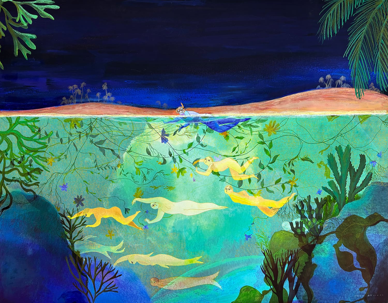 Merve Atılgan, Ocean Tribe, Dijital baskı üzerine ekolin, pastel ve akrilik | Ecoline, pastel and acryrilic on digital print, 86 x 110 cm, 2025