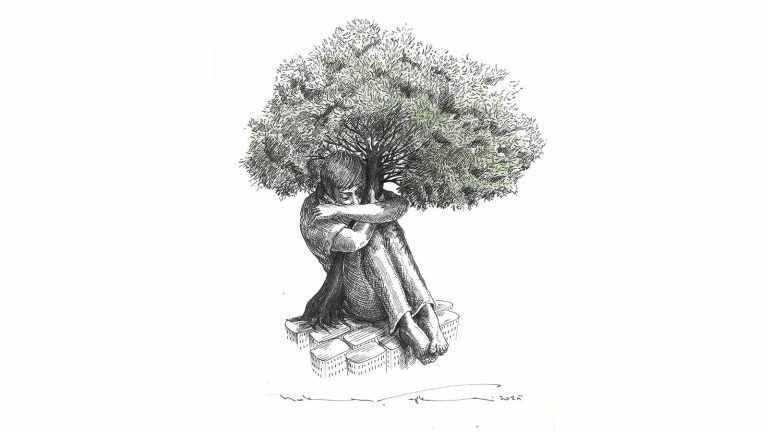 Hakan Çapkan, "Ağaca Sarılmak" Kâğıt üzerine mürekkepli kalem ve marker, 29x29cm, 2025