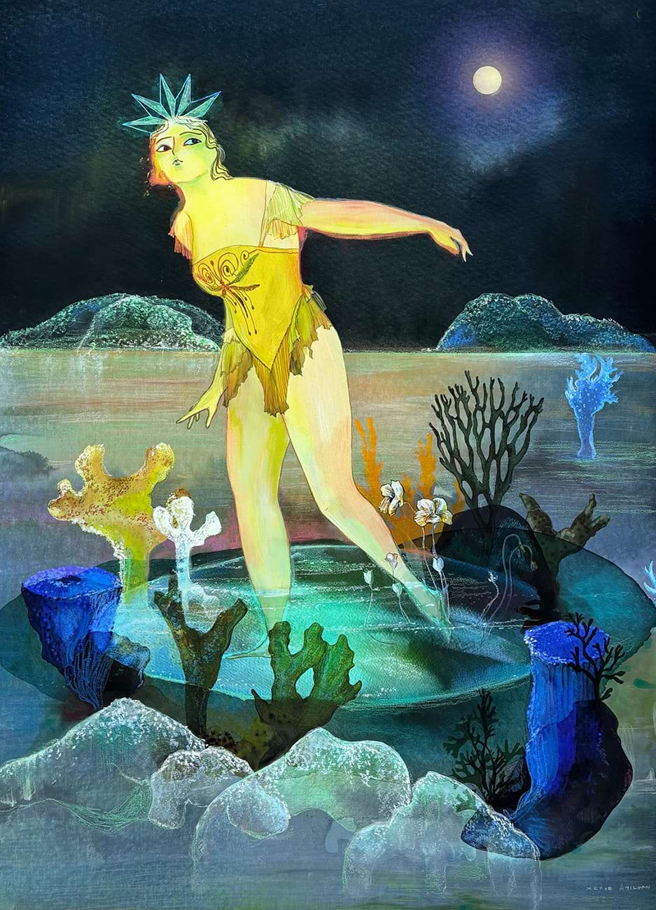 Merve Atılgan, Journey to the lunar world, Dijital baskı üzerine ekolin, pastel ve akrilik | Ecoline, pastel and acrylic on digital print, 109 x 79 cm, 2025