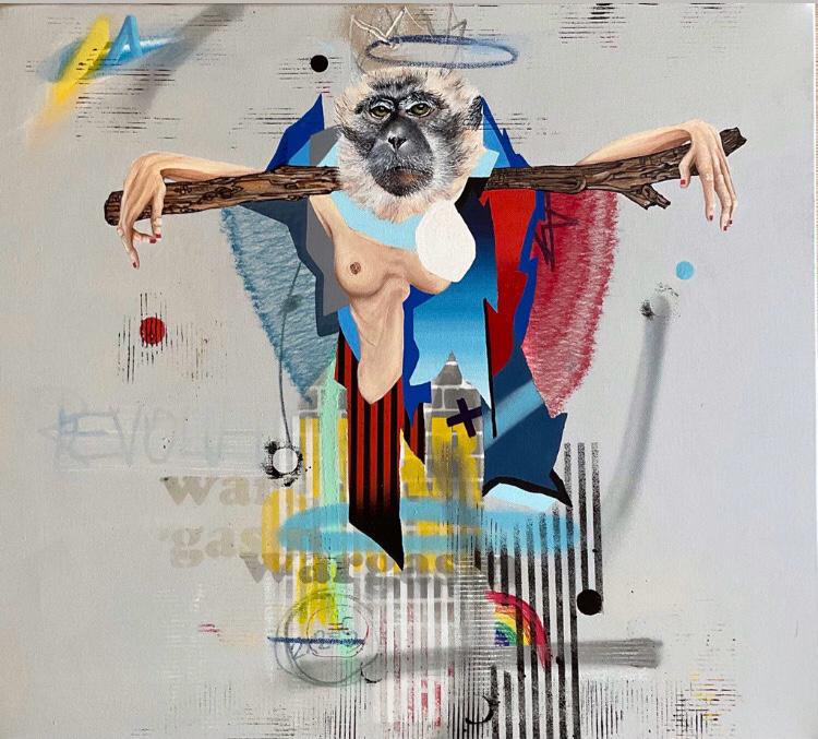 Ayşen Karakaya, Wargasm, Tuval üzerine akrilik&spray&marke, 2021, 60x55cm