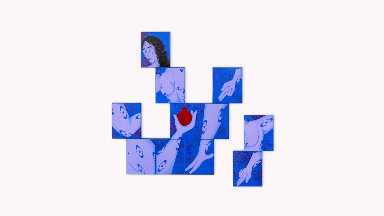 ‘‘What’s Inside_, III’’ - Ahşap üzerine akrilik ve kuru pastel - Ana panel_ 60×66 cm - Yan panel_ 33×19 cm - 2035