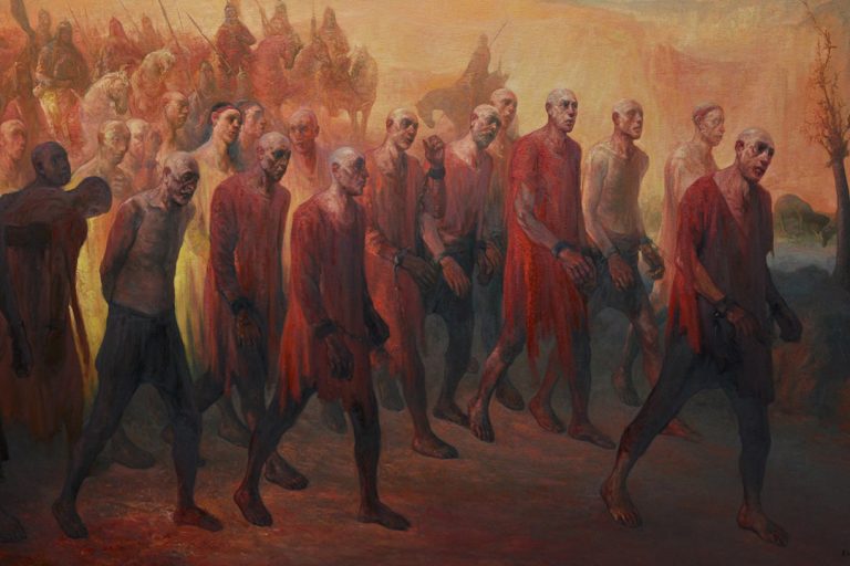 Ahmet Umur Deniz, Yüreğime basarak geçer Aydın illerinden Karaburun mağlupları, 2024, Tuval Üzerine Yağlı Boya, 190x300cm