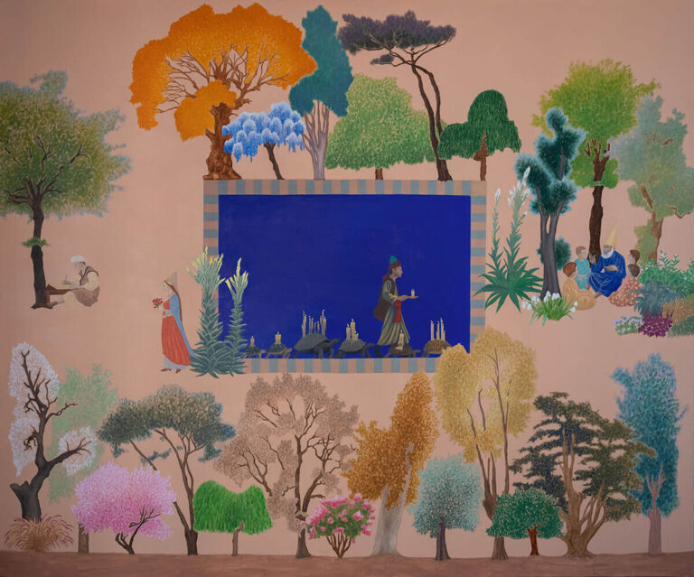 Emir Erkaya, Meddah'ın Bahçesi, 2025, Tuval üzerine yağlı boya, 150x180cm