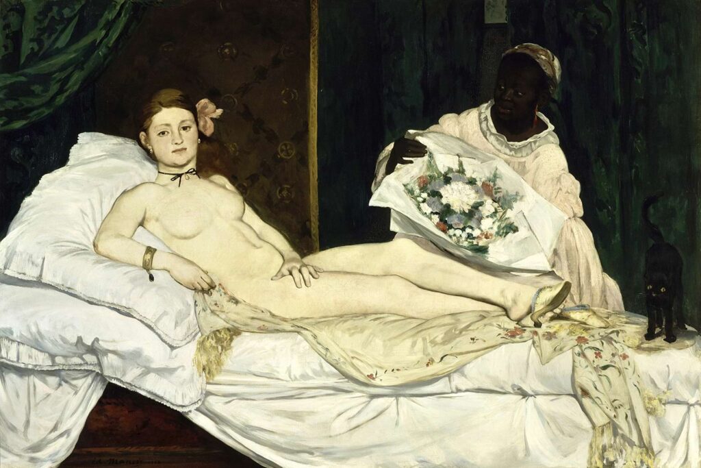 Olympia (1863). Oil on canvas, 130.5 × 190 cm (51.4 × 74.8 in). Musée d'Orsay, Paris