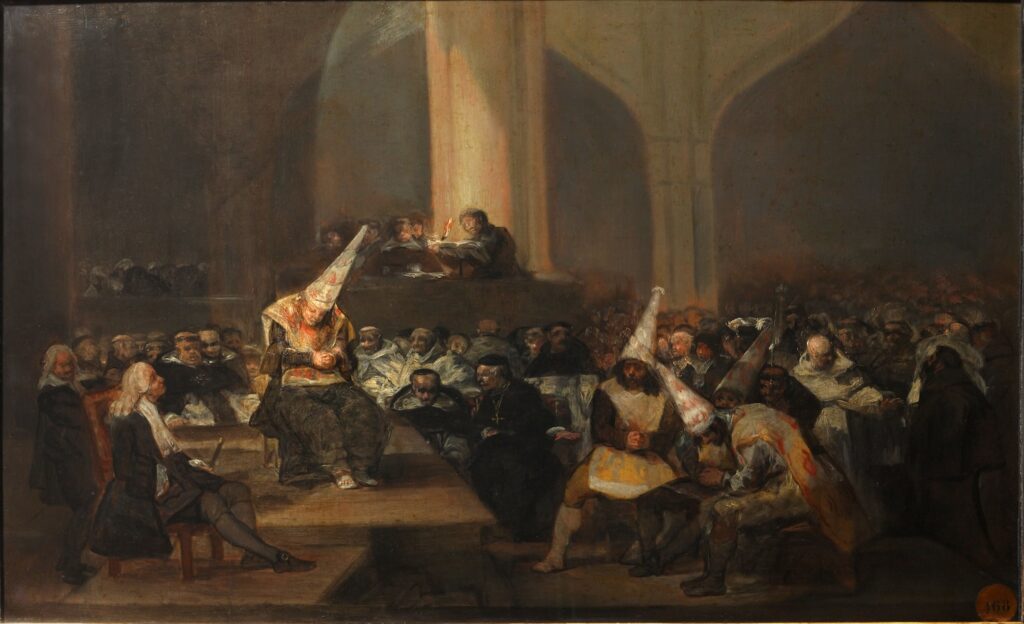Francisco Goya'nın, 15. ve 19. yüzyıllar arasında Engizisyon tarafından mahkum edilen sapkınlar ve dinden dönenler için gerçekleştirilen halka açık bir tövbe eylemi olan auto de fé'yi tasvir eden tablosu, 1800-1810 yılları arasındaki birinci elden anlatımlara dayanmaktadır.