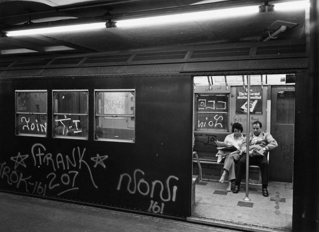 July 1972: Graffiti on a New York Subway train. (Photo by F. Roy Kemp/BIPs/Getty Images)
