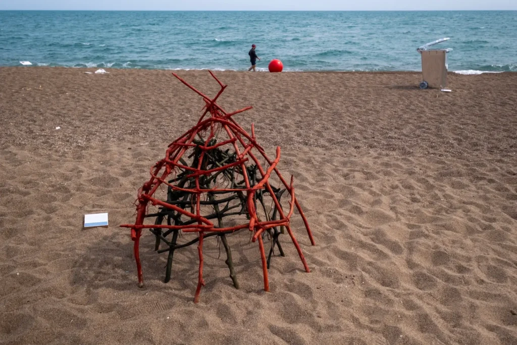 Ebru Barut Özdemiroğlu, “Lara: Bir Yuvalama Alanı” / “Lara: A Nesting Site”, 2026, Deniz kıyısından toplanmış ağaç dalları, mineral pigment, bitkisel yağ, jüt ip, Yükseklik: 130 cm, Çap: 100 cm.