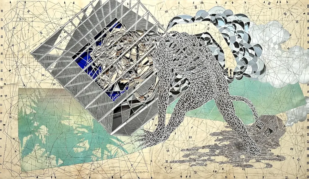 Serkan Yüksel, Kaplan Pozu, Kalıp kağıdı ve ilaç kutularına elle kesim, kolaj, sprey boya, 95.5 x 144.5 cm çerçeveli, 2026, Detay