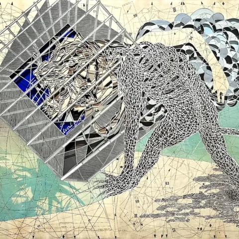 Serkan Yüksel, Kaplan Pozu, Kalıp kağıdı ve ilaç kutularına elle kesim, kolaj, sprey boya, 95.5 x 144.5 cm çerçeveli, 2026, Detay
