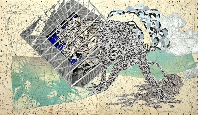 Serkan Yüksel, Kaplan Pozu, Kalıp kağıdı ve ilaç kutularına elle kesim, kolaj, sprey boya, 95.5 x 144.5 cm çerçeveli, 2026, Detay