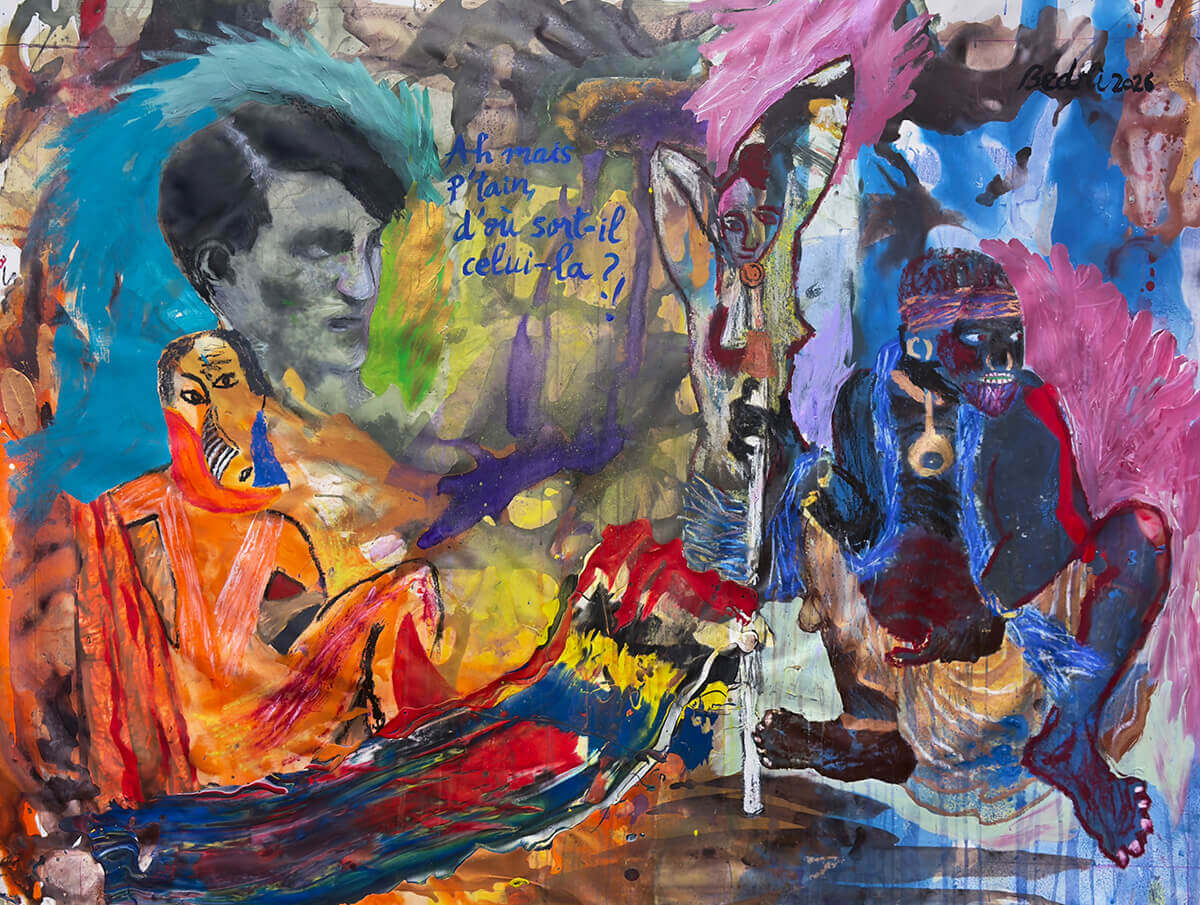 Bedri Baykam - Türkistan, Congo, Paris, İstanbul_ 600 yıl sonra kesişen yollar. 2026 Tual üzerine karışık teknik, 126x170 cm.