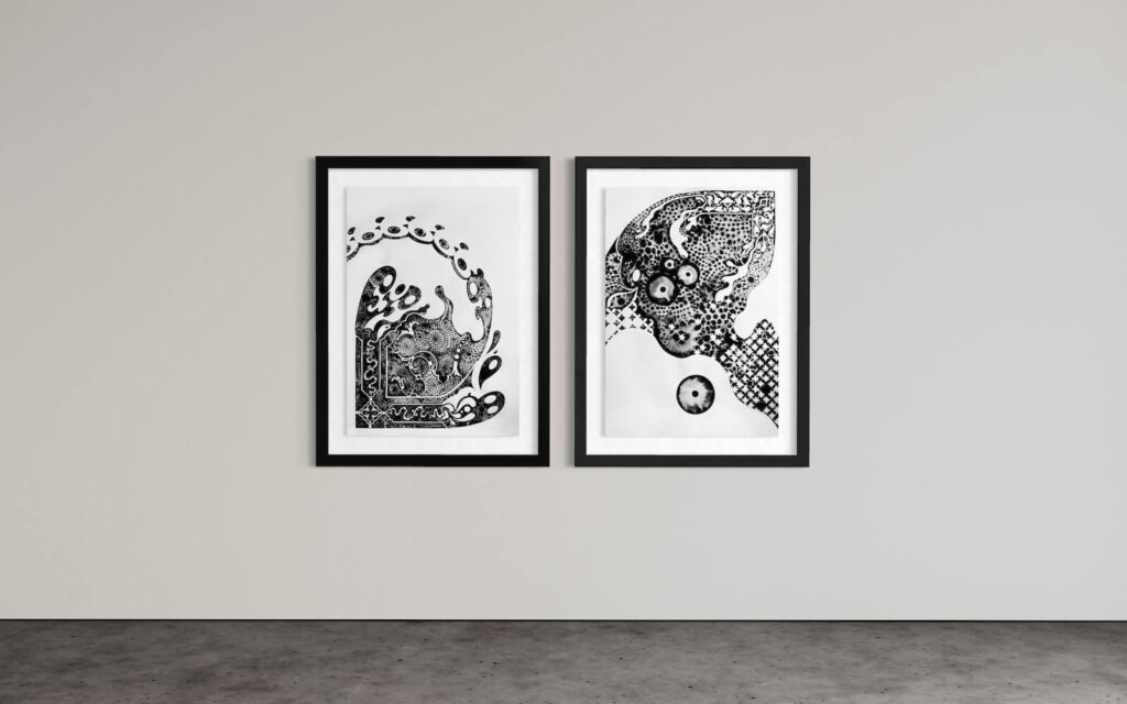 Elif Zaim, Kozmos & Kaos 1-2 (Diptik), kâğıt üzerine mürekkep, 72 x 102 cm ( Tek eser boyutu - 2 parça), 2025