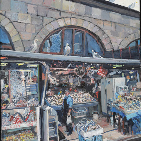 Fish Market with Seabirds, 24 × 16” 60 cm x 40 cm, Oil on Canvas, Courtesy of Sule Gazioglu Gallery