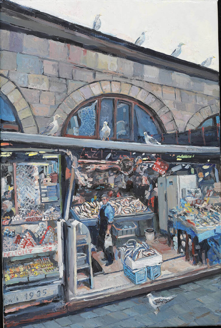 Fish Market with Seabirds, 24 × 16” 60 cm x 40 cm, Oil on Canvas, Courtesy of Sule Gazioglu Gallery